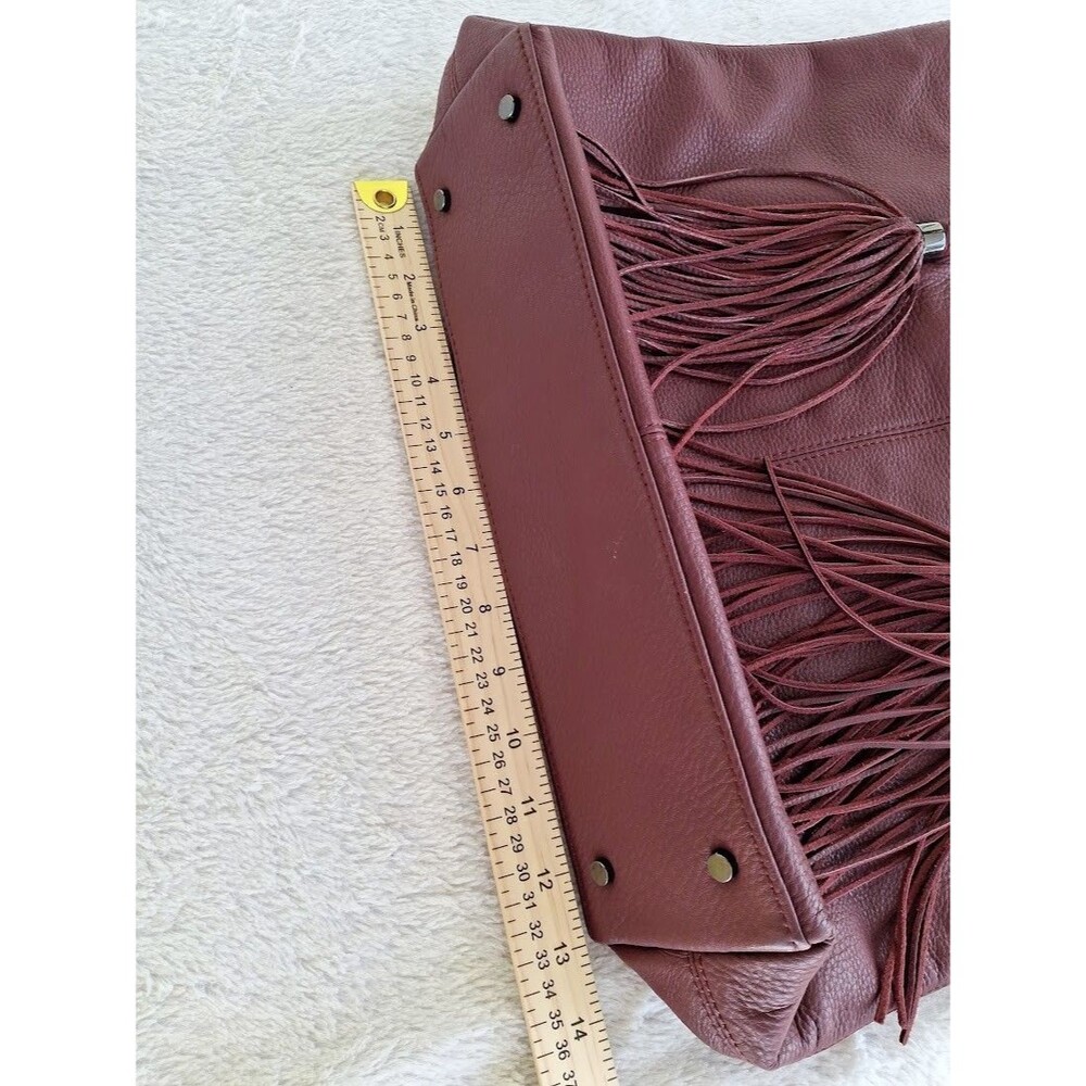 Vince Camuto Burgundy Leather Slouchy Fringe Tote Bag Shoulder Purse Western Zip - Picture 11 of 16